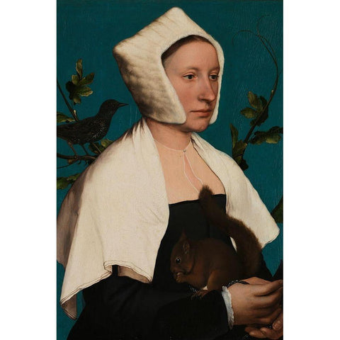 Portrait of a Lady with a Squirrel and a Starling White Modern Wood Framed Art Print by Holbein, Hans