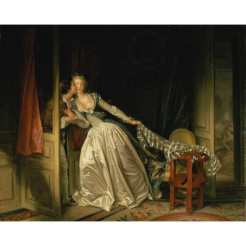 The Stolen Kiss Gold Ornate Wood Framed Art Print with Double Matting by Fragonard, Jean-Honore