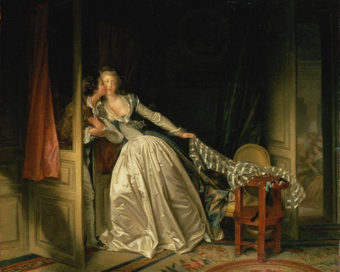 The Stolen Kiss White Modern Wood Framed Art Print with Double Matting by Fragonard, Jean-Honore