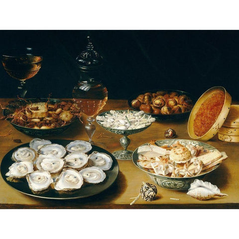 Dishes with Oysters, Fruit, and WineÂ atÂ Still life Gold Ornate Wood Framed Art Print with Double Matting by Beert, Osias