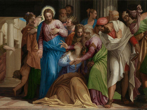 The Conversion of Mary Magdalene Black Ornate Wood Framed Art Print with Double Matting by Veronese, Paolo