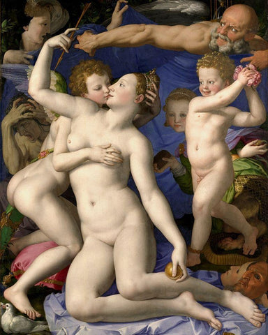 Venus, Cupid, Folly and Time White Modern Wood Framed Art Print with Double Matting by Bronzino