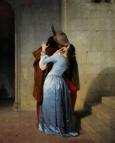 The Kiss Black Ornate Wood Framed Art Print with Double Matting by Hayez, Francesco