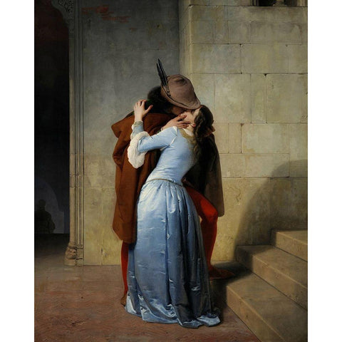 The Kiss Gold Ornate Wood Framed Art Print with Double Matting by Hayez, Francesco