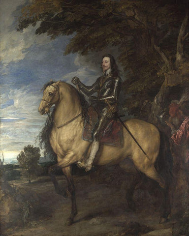 Equestrian Portrait of Charles I Black Ornate Wood Framed Art Print with Double Matting by van Dyck, Anthony