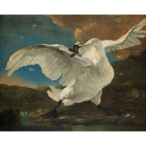 The Threatened Swan Gold Ornate Wood Framed Art Print with Double Matting by Asselijn, Jan