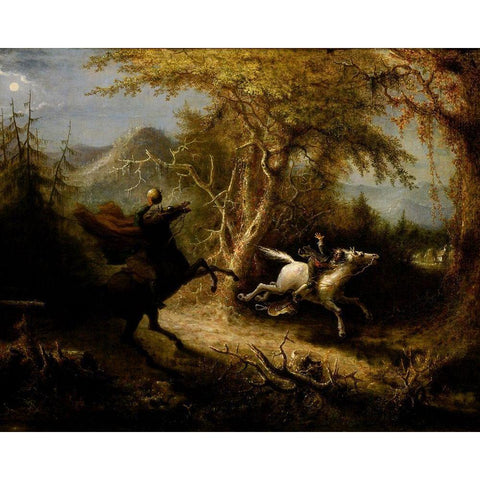 The Headless Horseman Pursuing Ichabod Crane Gold Ornate Wood Framed Art Print with Double Matting by Quidor, John