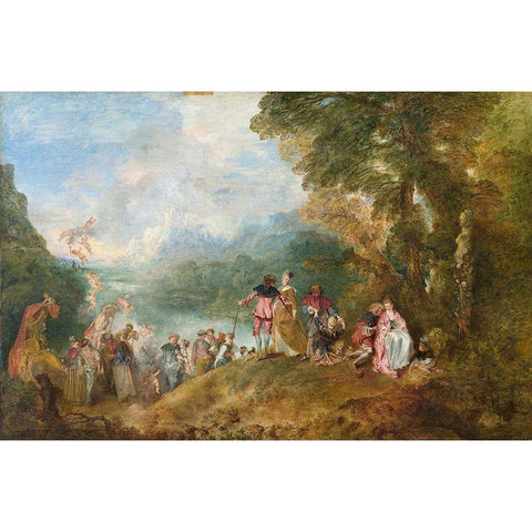 The Embarkation for Cythera Black Modern Wood Framed Art Print with Double Matting by Watteau, Jean-Antoine