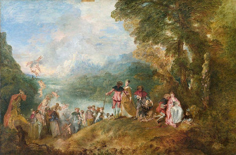 The Embarkation for Cythera Black Ornate Wood Framed Art Print with Double Matting by Watteau, Jean-Antoine