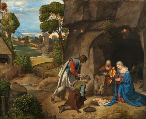 Adoration of the Shepherds Black Ornate Wood Framed Art Print with Double Matting by Giorgione