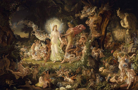 The Quarrel of Oberon and Titania White Modern Wood Framed Art Print with Double Matting by Paton, Joseph Noel