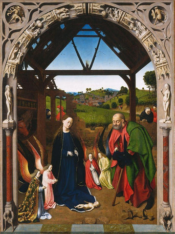 Nativity Black Ornate Wood Framed Art Print with Double Matting by Christus, Petrus