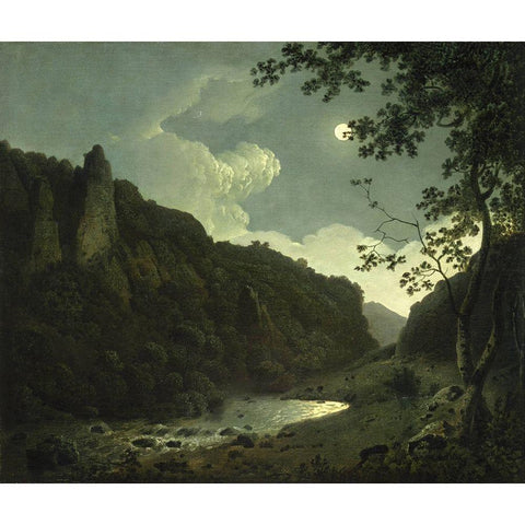 Dovedale by Moonlight Black Modern Wood Framed Art Print with Double Matting by Wright, Joseph