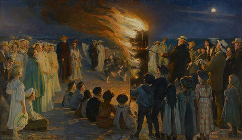 Midsummer Eve Bonfire on Skagen Beach White Modern Wood Framed Art Print with Double Matting by Kroyer, Peder Severin