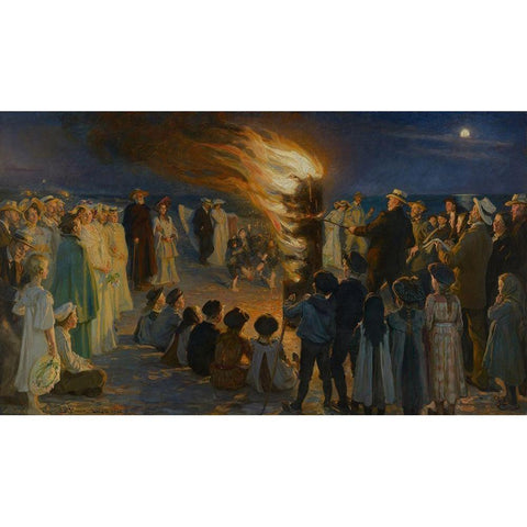 Midsummer Eve Bonfire on Skagen Beach White Modern Wood Framed Art Print by Kroyer, Peder Severin