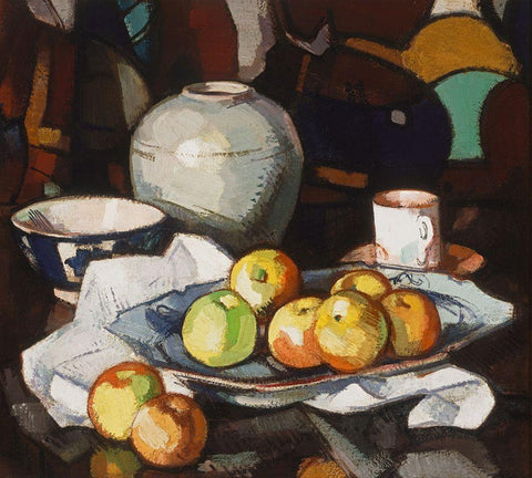 Still life apples and jar White Modern Wood Framed Art Print with Double Matting by Peploe, Samuel