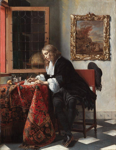 Man Writing a Letter Black Ornate Wood Framed Art Print with Double Matting by Metsu, Gabriel