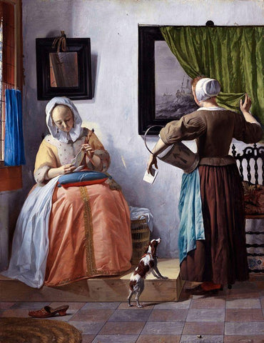 Woman Reading a Letter Black Ornate Wood Framed Art Print with Double Matting by Metsu, Gabriel