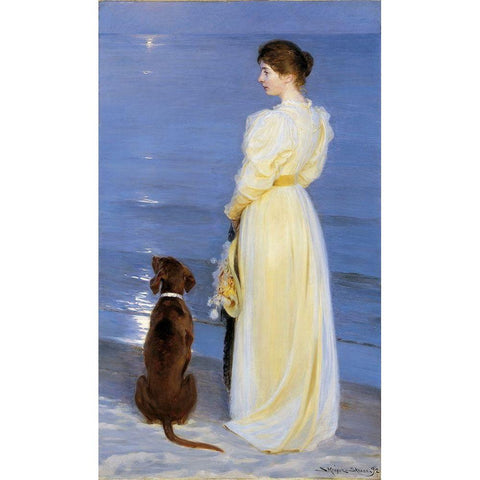 Summer Evening at Skagen. The Artists Wife and Dog by the Shore White Modern Wood Framed Art Print by Kroyer, Peder Severin