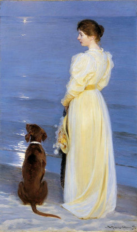 Summer Evening at Skagen. The Artists Wife and Dog by the Shore Black Ornate Wood Framed Art Print with Double Matting by Kroyer, Peder Severin