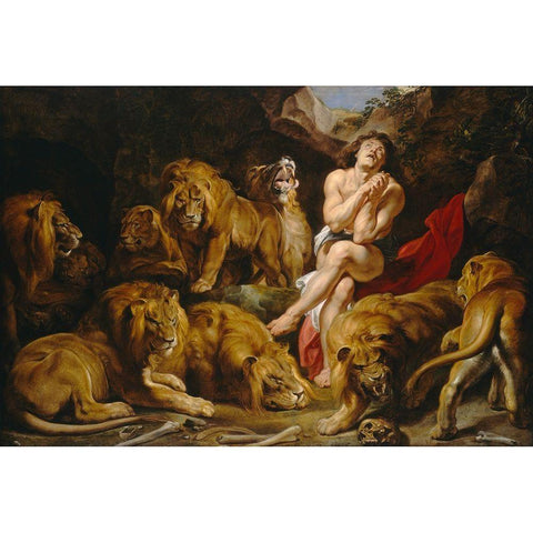 Daniel in the Lions Den Gold Ornate Wood Framed Art Print with Double Matting by Rubens, Peter Paul