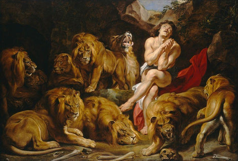 Daniel in the Lions Den White Modern Wood Framed Art Print with Double Matting by Rubens, Peter Paul