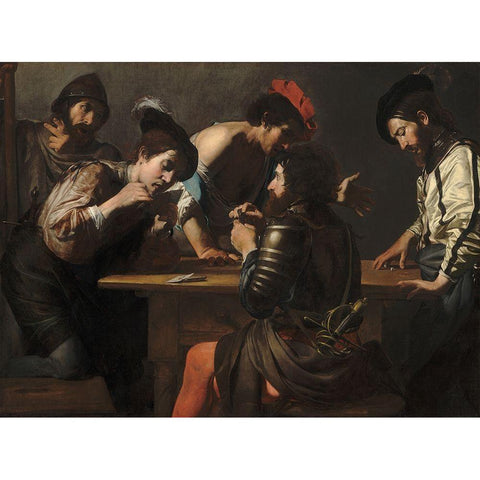 Soldiers Playing Cards and Dice, The Cheats Black Modern Wood Framed Art Print by de Boulogne, Valentin