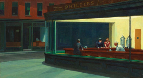 Nighthawks Black Ornate Wood Framed Art Print with Double Matting by Hopper, Edward