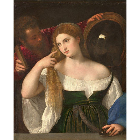 Woman with a Mirror White Modern Wood Framed Art Print by Titian