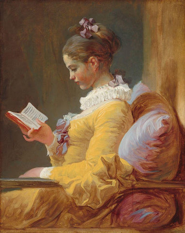 A Young Girl Reading Black Ornate Wood Framed Art Print with Double Matting by Fragonard, Jean-Honore