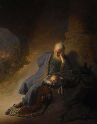 Jeremiah Lamenting the Destruction of Jerusalem White Modern Wood Framed Art Print with Double Matting by Rembrandt