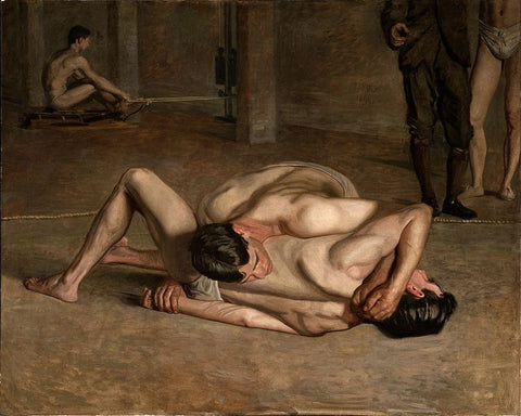 Wrestlers White Modern Wood Framed Art Print with Double Matting by Eakins, Thomas