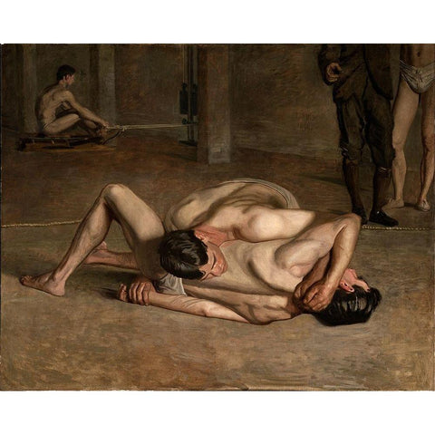 Wrestlers Black Modern Wood Framed Art Print with Double Matting by Eakins, Thomas