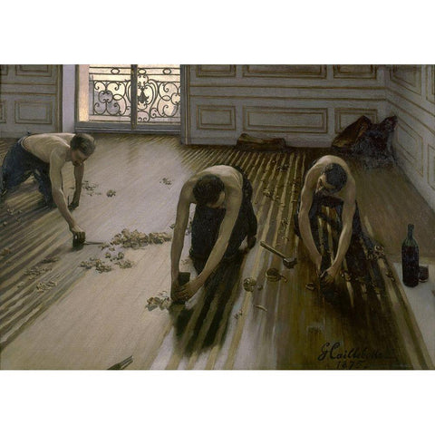 Les raboteurs de parquet White Modern Wood Framed Art Print by Caillebotte, Gustave