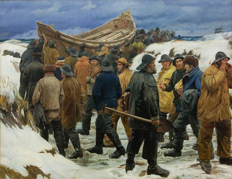 The lifeboat is driven through the dunes Black Ornate Wood Framed Art Print with Double Matting by Ancher, Michael