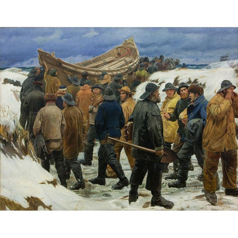 The lifeboat is driven through the dunes White Modern Wood Framed Art Print by Ancher, Michael