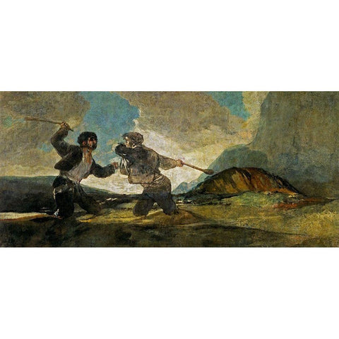 Fight with Cudgels Gold Ornate Wood Framed Art Print with Double Matting by Goya, Francisco