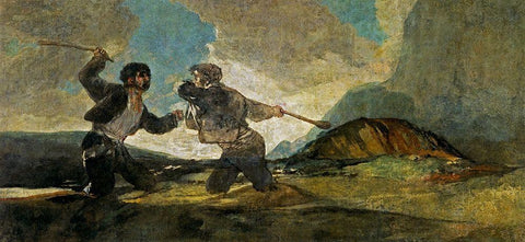 Fight with Cudgels Black Ornate Wood Framed Art Print with Double Matting by Goya, Francisco