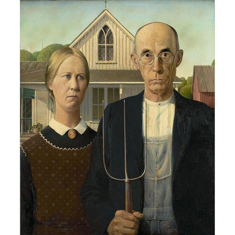 American Gothic Black Modern Wood Framed Art Print with Double Matting by Wood, Grant