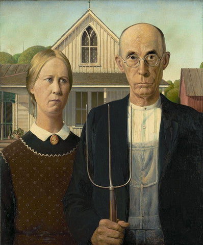 American Gothic White Modern Wood Framed Art Print with Double Matting by Wood, Grant