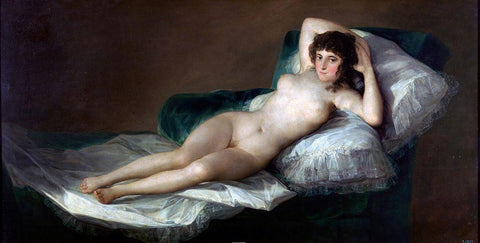 La Maja desnuda White Modern Wood Framed Art Print with Double Matting by Goya, Francisco