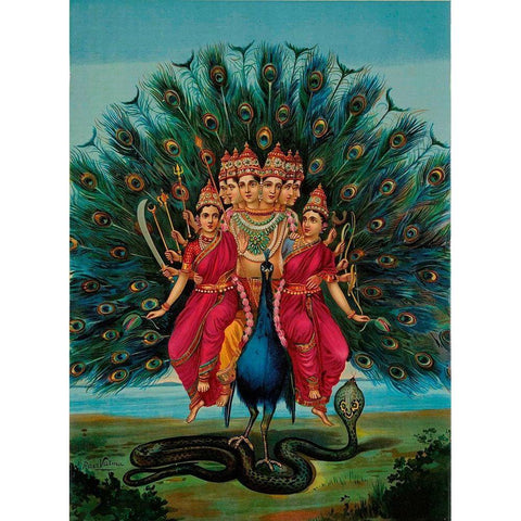 Sri Shanmukaha Subramania SwamiÂ atÂ Kartikeya Black Modern Wood Framed Art Print with Double Matting by Varma, Raja Ravi