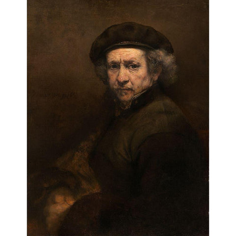 Self-Portrait with Beret and Turned-Up Collar Black Modern Wood Framed Art Print with Double Matting by Rembrandt