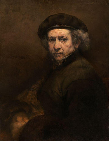 Self-Portrait with Beret and Turned-Up Collar White Modern Wood Framed Art Print with Double Matting by Rembrandt