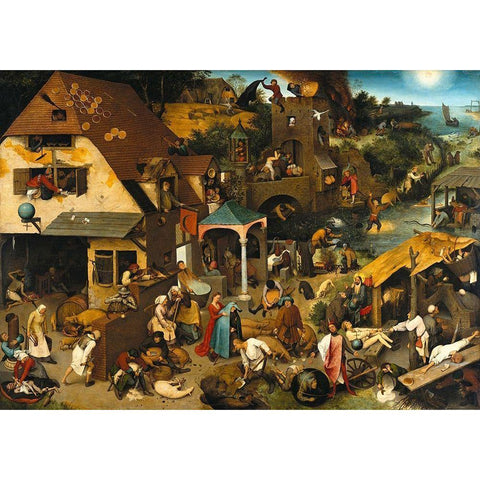 Netherlandish Proverbs Gold Ornate Wood Framed Art Print with Double Matting by Bruegel the Elder, Pieter