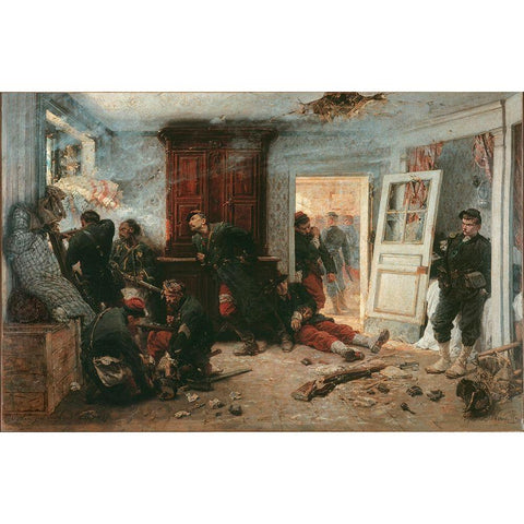 The Last Cartridges Black Modern Wood Framed Art Print with Double Matting by de Neuville,Â Alphonse-Marie-Adolphe