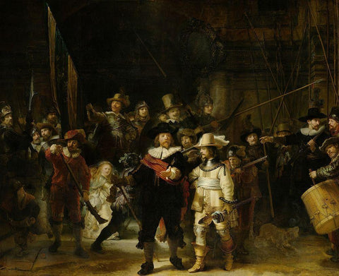 The Night Watch White Modern Wood Framed Art Print with Double Matting by Rembrandt