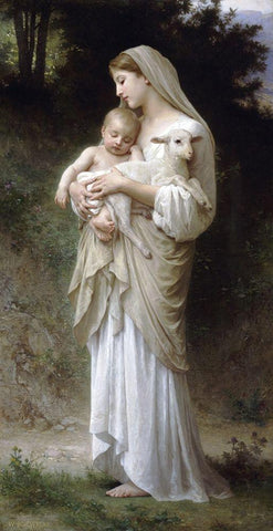 LInnocence Black Ornate Wood Framed Art Print with Double Matting by Bouguereau, William-Adolphe