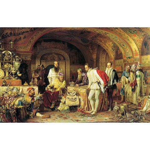 Ivan the Terrible Showing His Treasury to Jerome Horsey White Modern Wood Framed Art Print by Litovchenko, Alexander