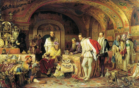 Ivan the Terrible Showing His Treasury to Jerome Horsey White Modern Wood Framed Art Print with Double Matting by Litovchenko, Alexander